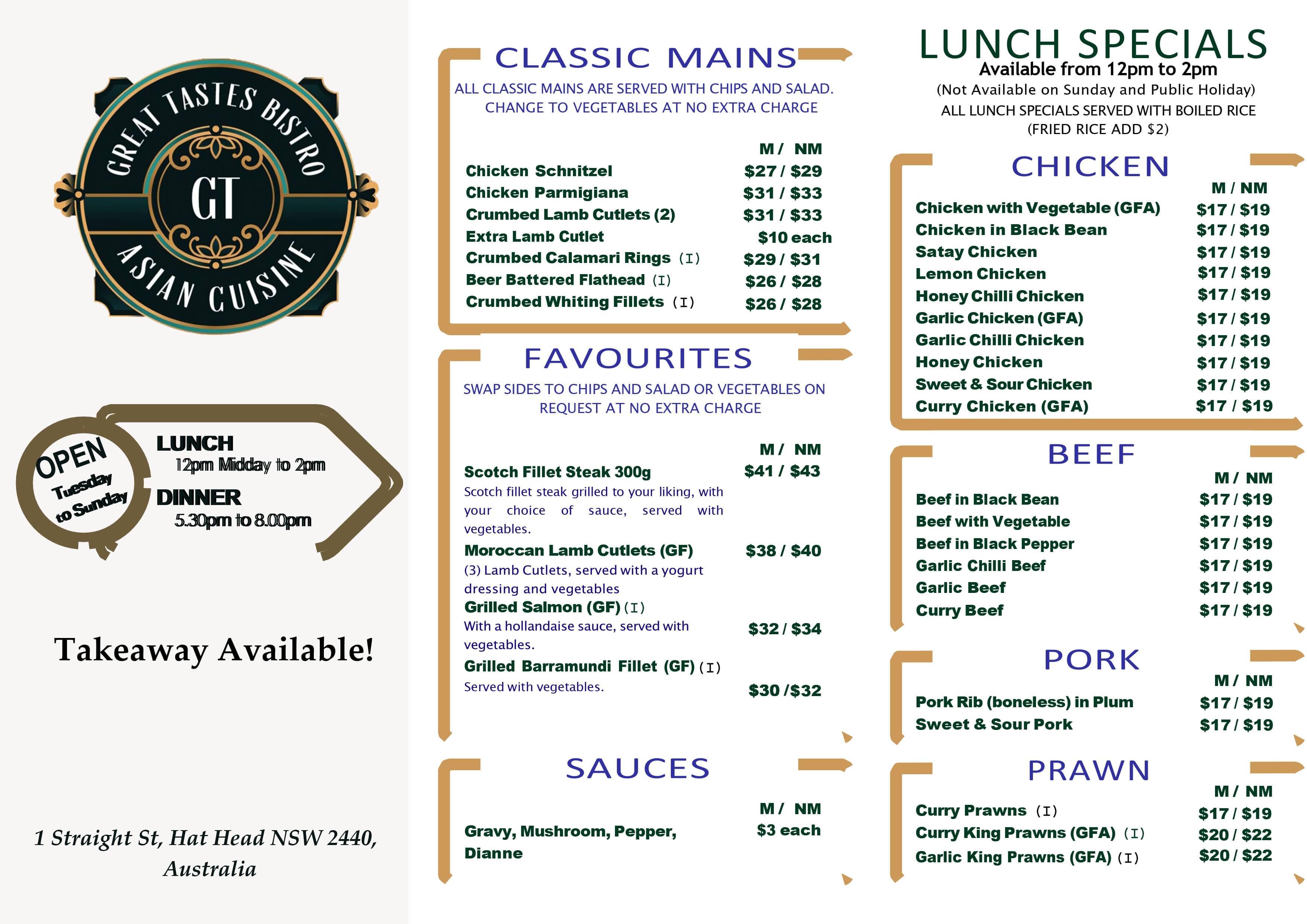 Great Taste Bistro Menu